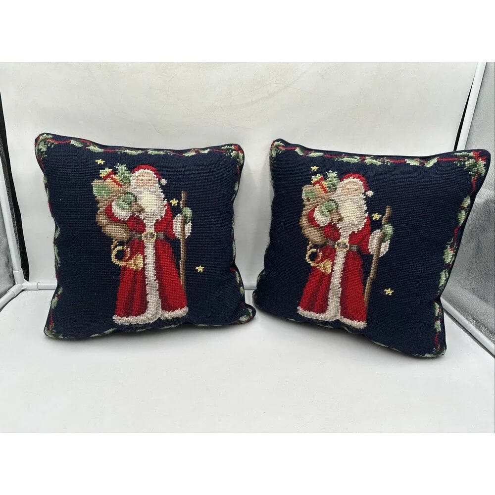 Lot If 2 Needlepoint Father Christmas~Santa Claus Throw Pillow Vintage